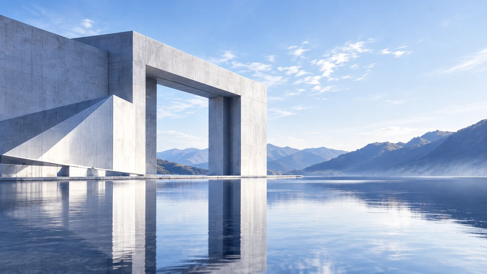 湖面上的清水混凝土门框建筑,远山与天空
