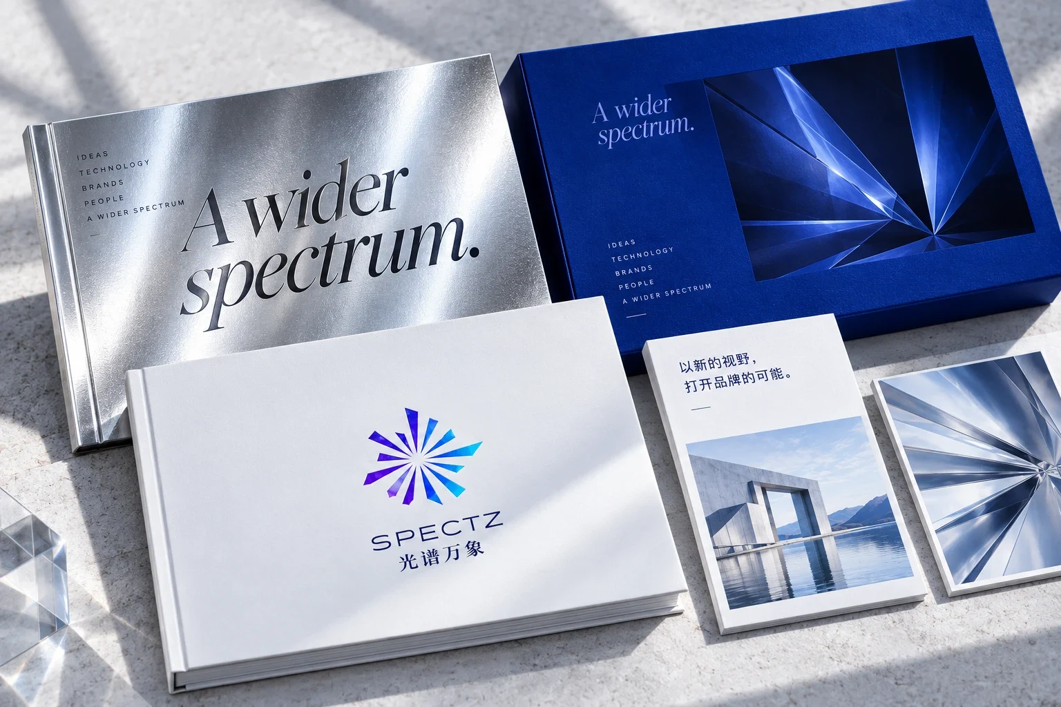 SPECTZ 品牌物料:银色烫印画册、蓝色礼盒、白色精装手册与卡片